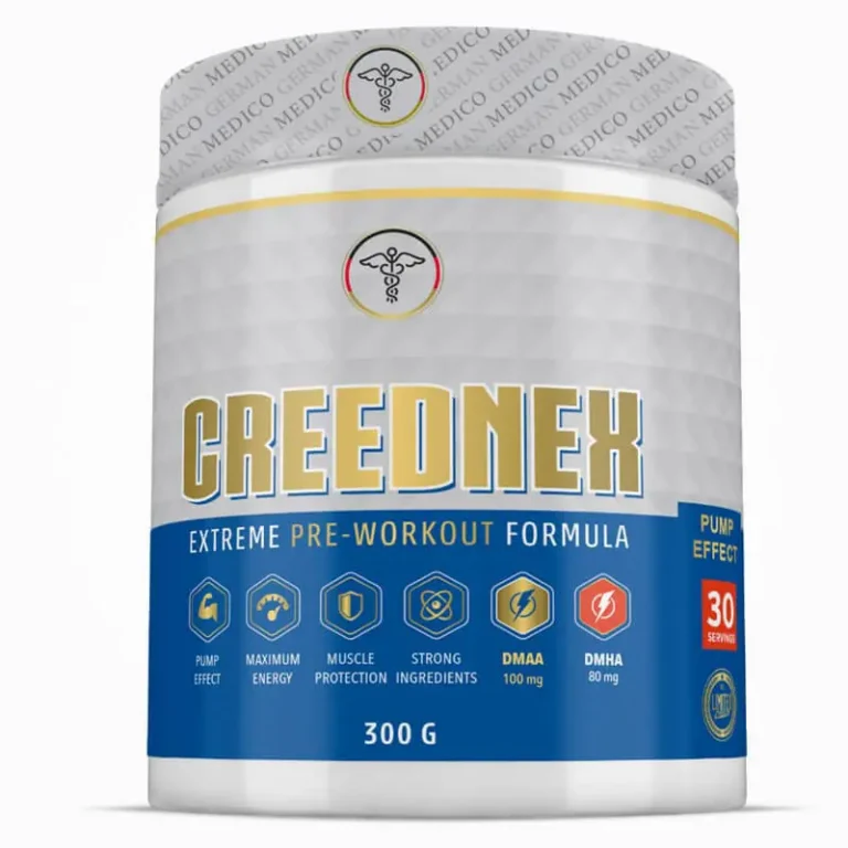 GERMAN MEDICO Creednex Are you looking for a pre-workout booster that will take your training to the next level? Then the Creednex by GERMAN MEDICO s the perfect choice for you! This powerful pre-workout booster is specifically designed to meet the needs of athletes who want to improve their training results. The unique formula of Creednex contains a combination of high-quality ingredients that optimally prepare your body for the upcoming workout and support you during it. The main ingredients of Creednex include DMAA, AAKG, arginine, citrulline and nitrates. DMAA: This ingredient provides an energy boost and increases concentration. AAKG, short for arginine alpha-ketoglutarate, is a popular pump supplement among bodybuilders and strength athletes. It helps to balance the pH of your muscles and thus increase your physical performance. Arginine promotes blood flow and provides an improved oxygen supply to your muscles, which in turn leads to increased endurance. Also included is ornithine, a basic, non-proteinogenic α-amino acid. But that’s not all! Creednex also contains other ingredients that will further enhance your training experience, increase your physical and mental performance, and delay muscle fatigue. Creednex by German Medico is not only effective, but also safe. The ingredients are carefully selected and processed to the highest quality. In addition, the booster is free of banned substances and is manufactured under strict quality controls. Convince yourself of the benefits of the DMAA pre-workout booster and get started today! Order now and experience how you can reach your training goals with ease. GERMAN MEDICO Creednex advantages at a glance: Provides a sharp focus Shortens your recovery time Provides more endurance during training Energy-Booster Less muscle fatigue Promotes muscle growth Helps to increase the performance Get the GERMAN MEDICO Creednex right here in our online store for nutritional supplements and hardcore supplements.! Dosage/Recommendation Manufacturer recommends: Take 1 scoop with 250ml of cold water 40 minutes before workout.. Before taking this product, consult your doctor. Do not exceed the recommended daily dose. This product should only be taken by healthy adults 18 years of age or older. Food supplements should not be used as a substitute for a balanced and varied diet. Keep out of the reach of children. Store in a cool, dry place after opening. GERMAN MEDICO Creednex Ingredients: Portion: 1 scoop (10g) Portions: 30 portions Content: 300g Creednex Blend: 10000 mg 1.3 Dimethylamylamine (DMAA): 100 mg 2-Aminoisoheptane (DMHA): 80 mg 1.3-Dimethylbutvlamine: 50 mg Caffeine Anhydrous, Hordenine HCL, Sceletium Tortuosum Extract (Root), Choline Bitartrate, N-Acetyl Tyrosine, Arginine AAKG, Halostachys Caspica Extract, Eria Jarensis Extract, Agmatine Sulfate, Yohimbine HCL, L-Norvaline, L-Taurine, Higenamine HCL, Schisandra Chinensis, Huperzia serrata. L-Norvaline, Vitamin C, Magnesium, Calcium, L-Citruline Malate 2:1, Methylanthine Anhydrous, L-Ornithine, DAE Bitartrate. *%RDA = percentage of recommended daily allowance (based on a daily requirement of 2000 calories).